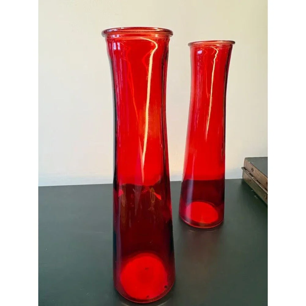 Pair Ruby Red Glass Bud Vases Tapered Cylinder 9 Inch Deep Red Tall Set